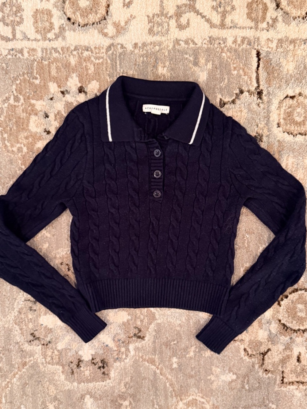 Aeropostale Navy Cable Knit Polo Sweater XS